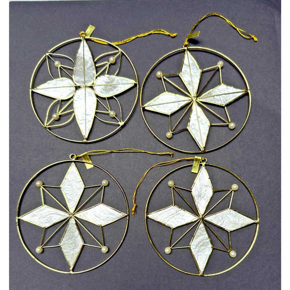 Vtg Enesco Lot of 4 Capiz Shell Star Christmas Ornaments Gold Metal Faux Pearl - Picture 1 of 12
